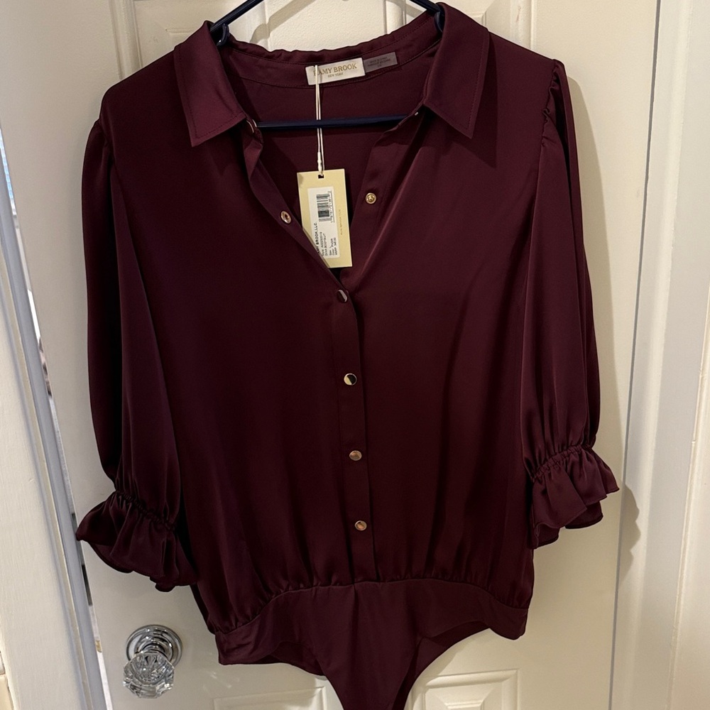 Ramy Brook Burgundy Blouse with Ruffle Sleeves